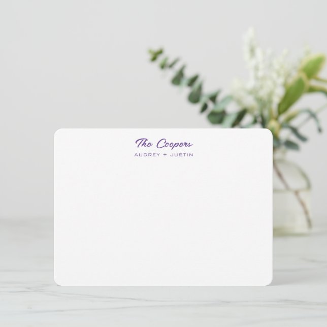 Modern Script Family Name Purple Personalized Flat Card (Standing Front)