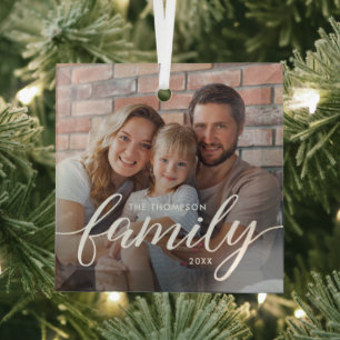 Modern Script Family Photo Christmas Personalized Glass Ornament
