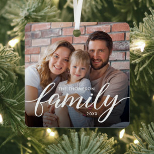Modern Script Family Photo Christmas Personalized Metal Ornament