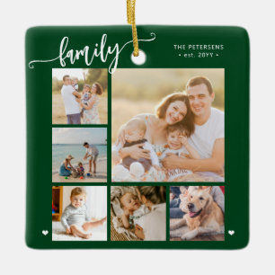 Modern script family photo collage green ceramic ornament