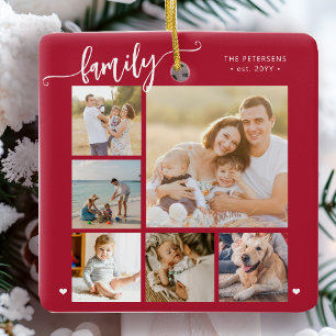 Modern script family photo collage red ceramic ornament