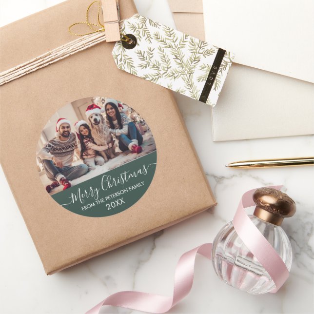 Modern Script Family Photo Green Merry Christmas Classic Round Sticker (Gifting)