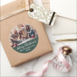 Modern Script Family Photo Green Merry Christmas Classic Round Sticker<br><div class="desc">Elegant Modern "Merry Christmas" Calligraphy Script Family Photo Green Holiday Large Round Sticker. Great for Mailing Accessories Envelope Seals and Gift Stickers.</div>