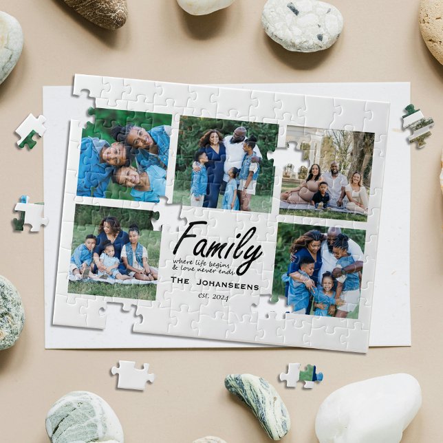 Modern Script Family Quote Photo Collage Keepsake Jigsaw Puzzle (Creator Uploaded)