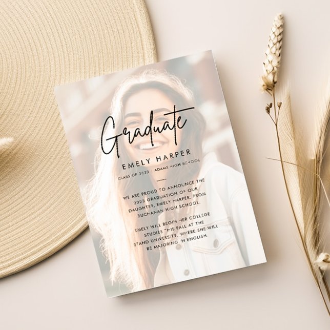 Modern Script Faux Vellum Overlay Photo Graduation Announcement (Creator Uploaded)