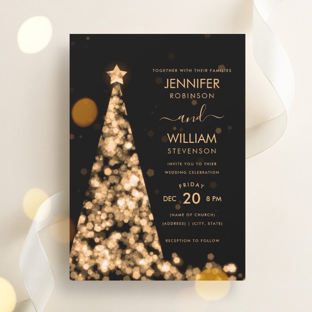 Modern Script Festive Gold Tree Christmas Wedding  Invitation (Modern Script Festive Gold Tree Christmas Wedding Invitation)