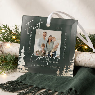 Modern Script First Christmas in New Home Photo Glass Ornament