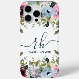 Modern Script Floral Blush Fancy Initials and Name iPhone 15 Pro Max Case