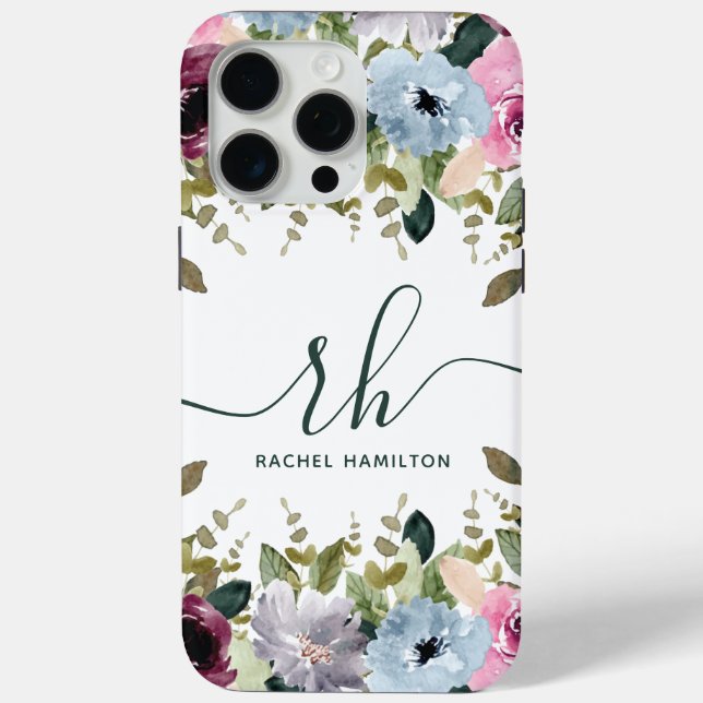 Modern Script Floral Blush Fancy Initials and Name Case-Mate iPhone Case (Back)