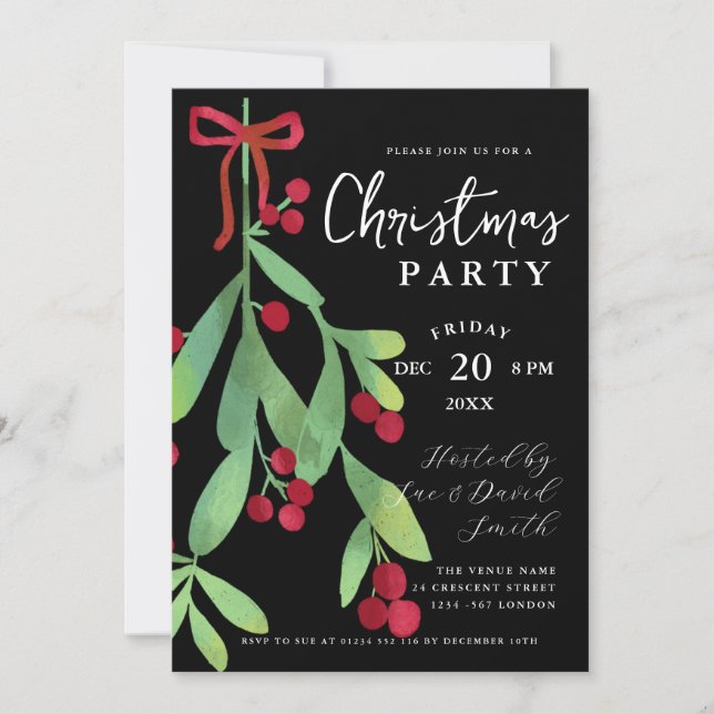 Modern Script Floral Mistletoe Xmas Holiday Black  Invitation (Front)