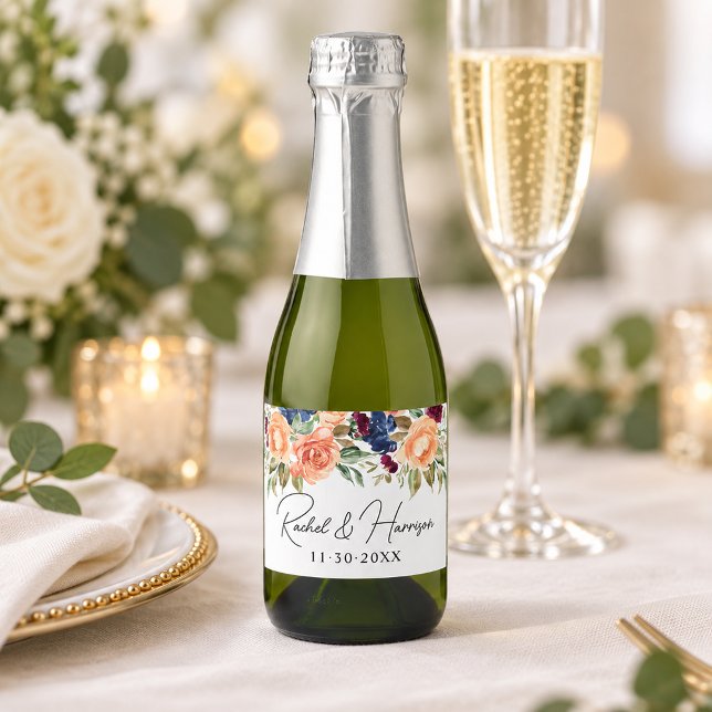 Modern Script Floral Monogram Wedding Sparkling Wine Label (Creator Uploaded)