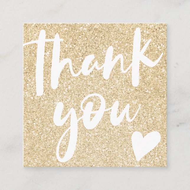 Modern script font gold glitter pink thank you square business card (Front)