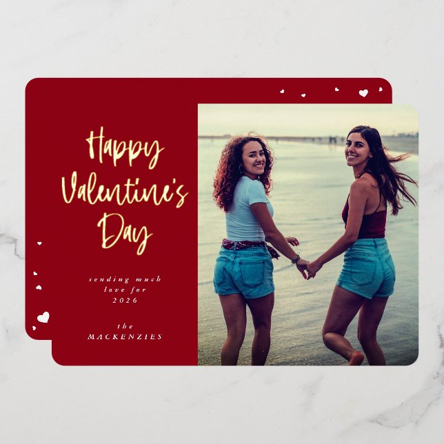 Modern Script Font Happy Valentine's Day Photo Foil Holiday Card (Front/Back)