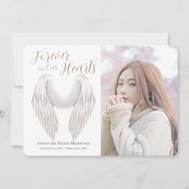 Modern Script Forever in Our Hearts Wings Photo Thank You Card (Front)