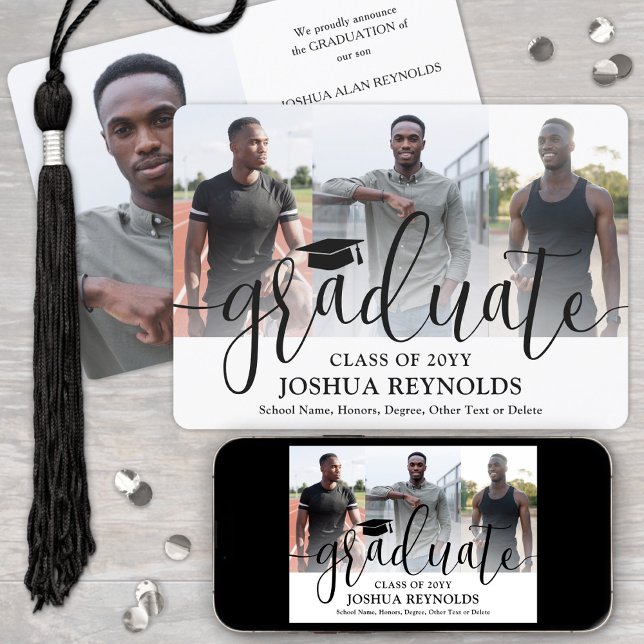 Modern Script Four Photo Black & White Graduation Announcement (Creator Uploaded)