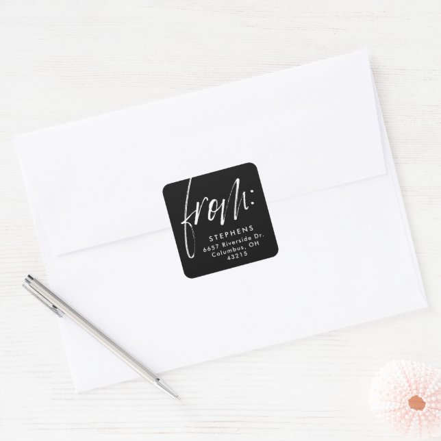 Modern script from black white return address square sticker (Envelope)