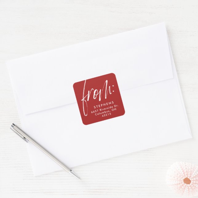 Modern script from red white return address square sticker (Envelope)