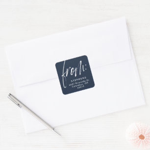 Modern script from simple navy return address square sticker