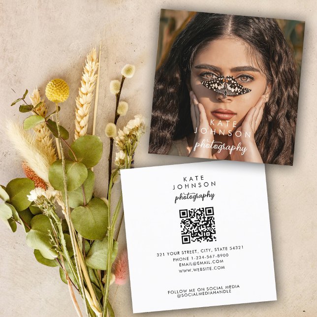 Modern Script Full Photo QR Code Social Media Square Business Card (Modern Script Full Photo QR Code Social Media Square Business Card)