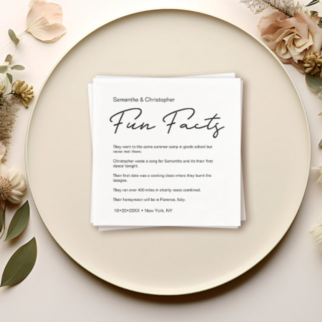 Modern Script Fun Facts Custom Wedding Napkin (Fun facts modern, black and white, Custom wedding napkins)