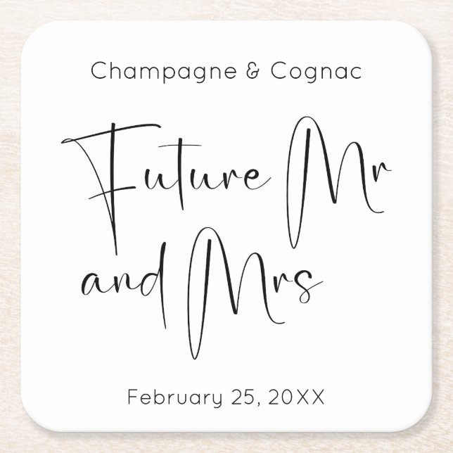 Modern Script Future Mr and Mrs Wedding Shower Square Paper Coaster (Front)