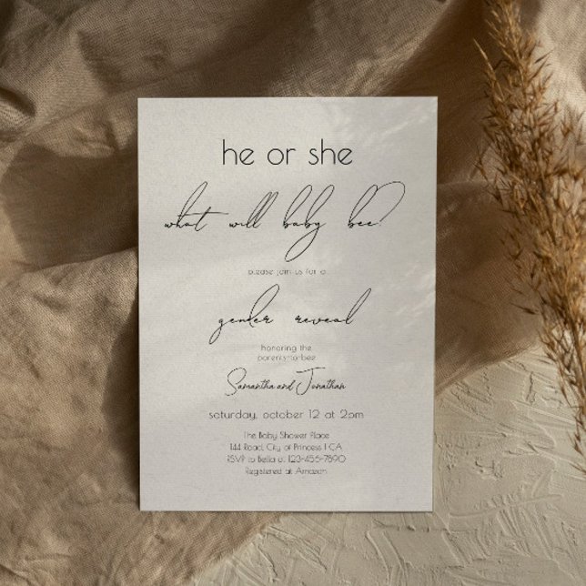 Modern Script Gender Reveal Baby Shower He She Invitation (Creator Uploaded)