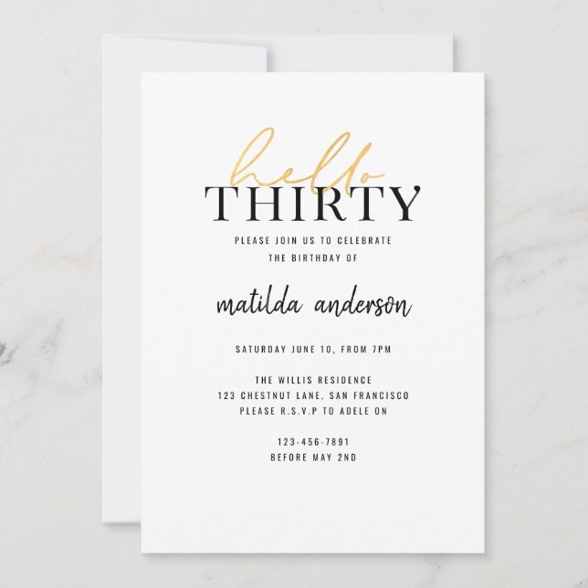 Modern script & geometric gold thirtieth birthday (Front)