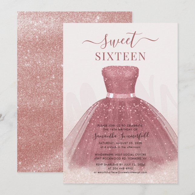 Modern Script Glitter Sweet 16 Rose Gold Invitation (Front/Back)