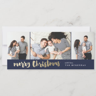 Modern Script Gold 3 Photo Merry Christmas Holiday Card