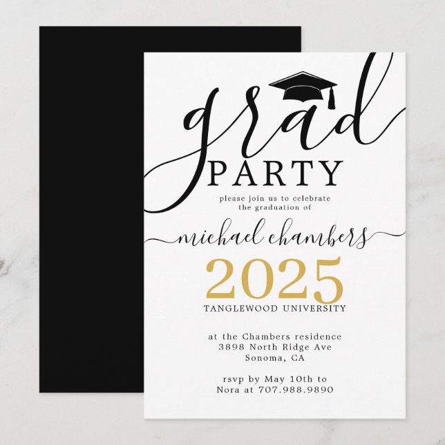 Modern Script Gold Black Graduation Party Invitati Invitation (Front/Back)