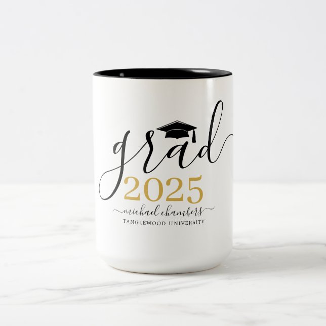 Modern Script Gold Black Graduation Personalized Two-Tone Coffee Mug (Center)