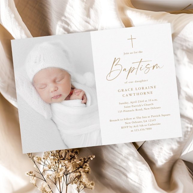 Modern Script Gold Cross Baptism Invitation (Modern script gold cross baby photo baptism invitation.)
