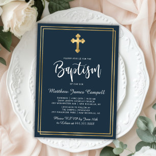 Modern Script Gold Cross Navy Blue Boy Baptism Invitation