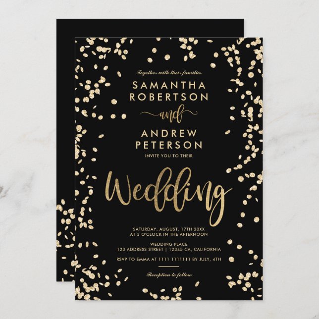 Modern script gold foil confetti black wedding invitation (Front/Back)