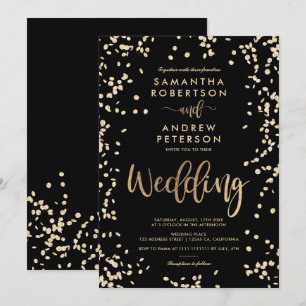 Modern script gold foil confetti black wedding invitation