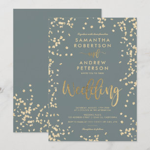 Modern script gold foil confetti grey wedding invitation