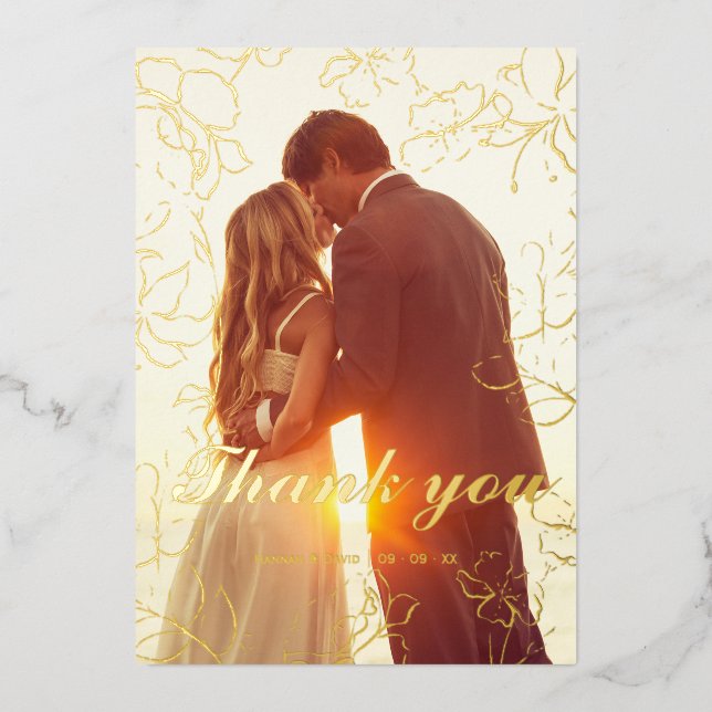 Modern script gold foil wedding thank you card (Front)
