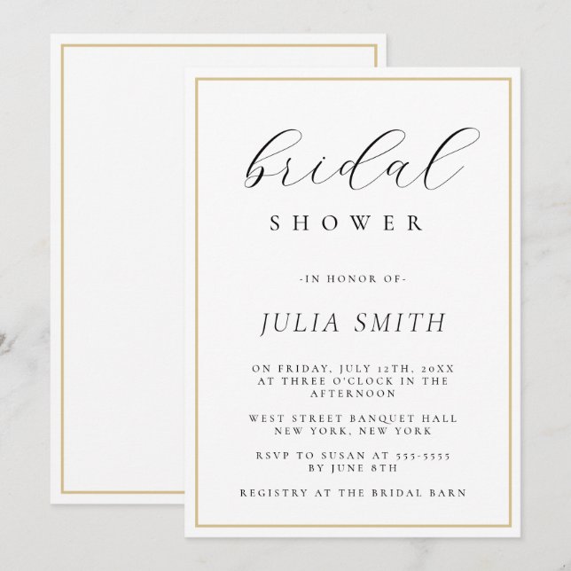 Modern Script Gold Frame Bridal Shower Invitation (Front/Back)