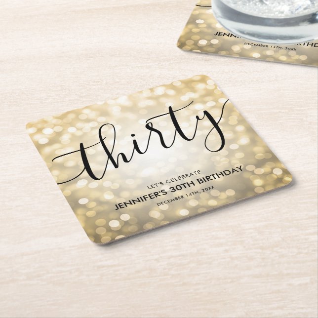 Modern Script Gold Glitter Lights 30th Birthday  Square Paper Coaster (Angled)