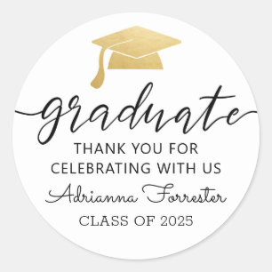 Modern Script Gold Graduate Hat   Thank You Classic Round Sticker
