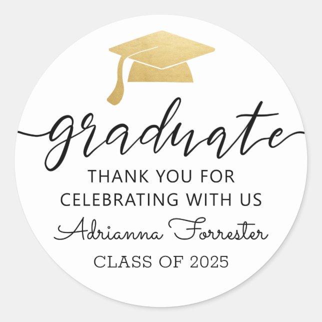 Modern Script Gold Graduate Hat | Thank You Classic Round Sticker (Front)