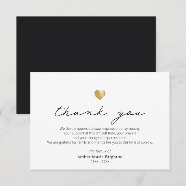 Modern Script Gold Heart Sympathy Thank You Card (Front/Back)