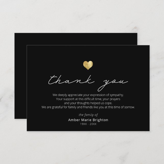 Modern Script Gold Heart Sympathy Thank You Card (Front/Back)