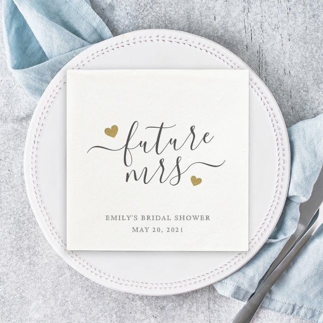 Modern Script Gold Hearts Future Mrs Bridal Shower Napkin (Creator Uploaded)