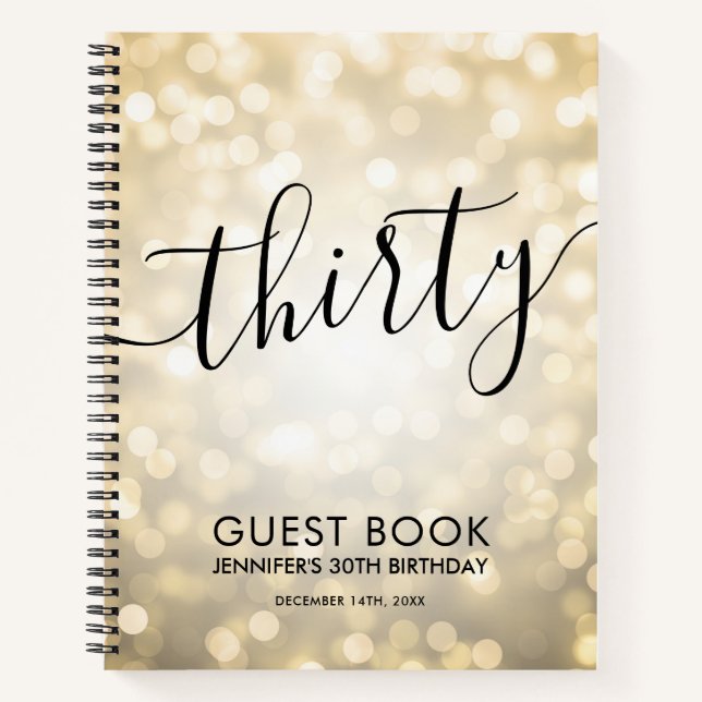 Modern Script Gold Lights 30th Birthday GUEST BOOK (Front)