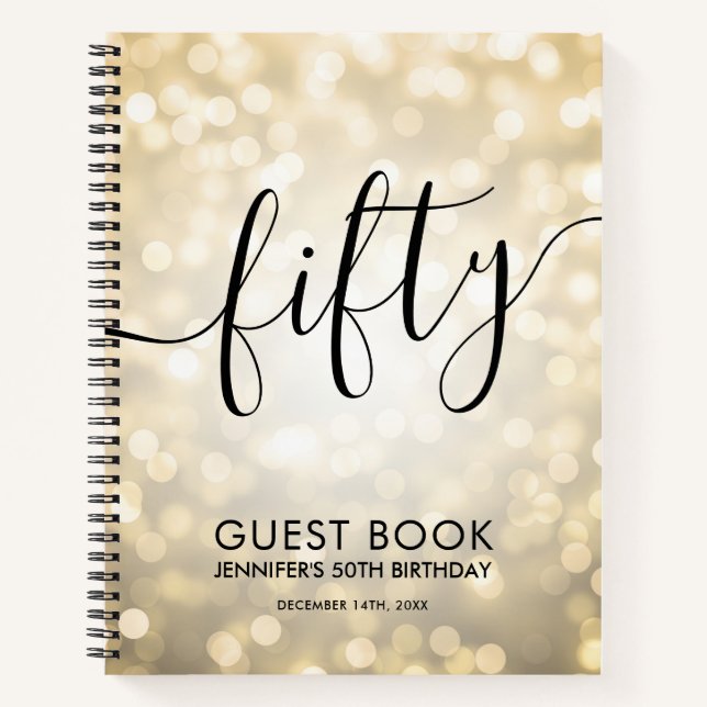 Modern Script Gold Lights 50th Birthday GUEST BOOK (Front)