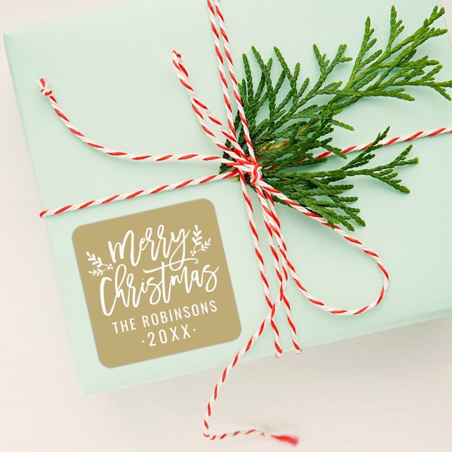 Modern Script Gold Merry Christmas Custom Square Sticker (Creator Uploaded)