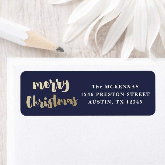 Modern Script Gold Merry Christmas Return Address (Insitu)