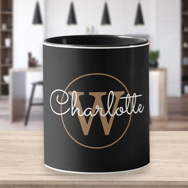 Modern Script Gold Monogram Black Mug (Creator Uploaded)