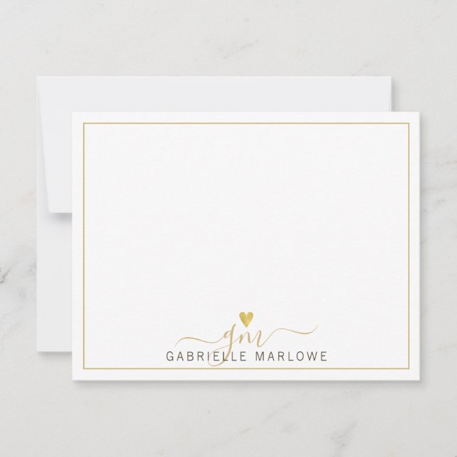 Modern Script Gold Monogram Heart Initials Card (Front)
